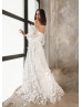 Ivory 3D Flowers Lace Tulle Slit Fairy Wedding Dress